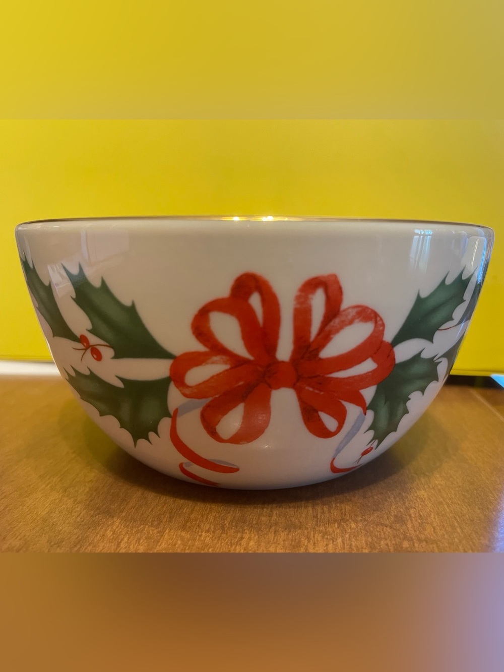 Lenox Holiday Bowl with Red Bow and Green Holly Motif - 16 oz